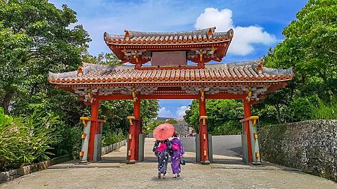 Shureimon Gate in Shuri castle in Okinawa, Japan with blue sky